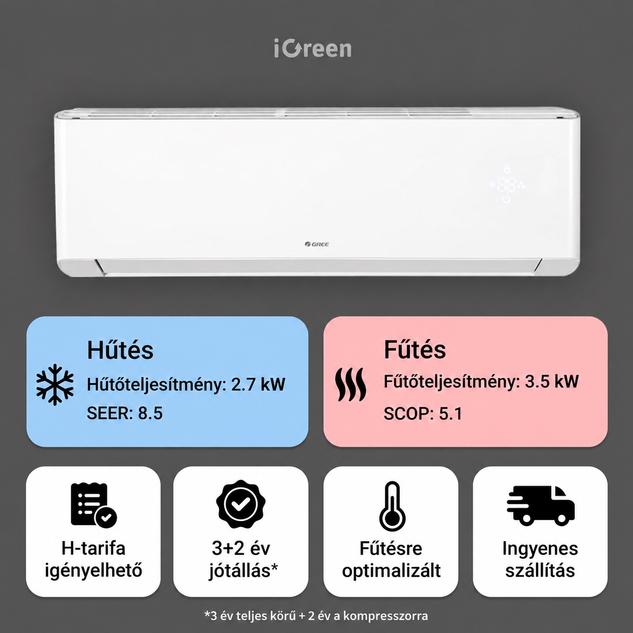 Gree Amber Royal oldalfali mono split klíma 2.7 kW