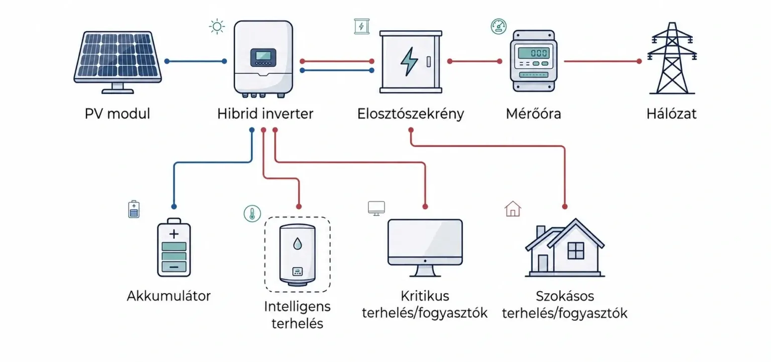 Hibrid napelem rendszer működési ábrája napelemmel, inverterrel, akkumulátorral és hálózati csatlakozással