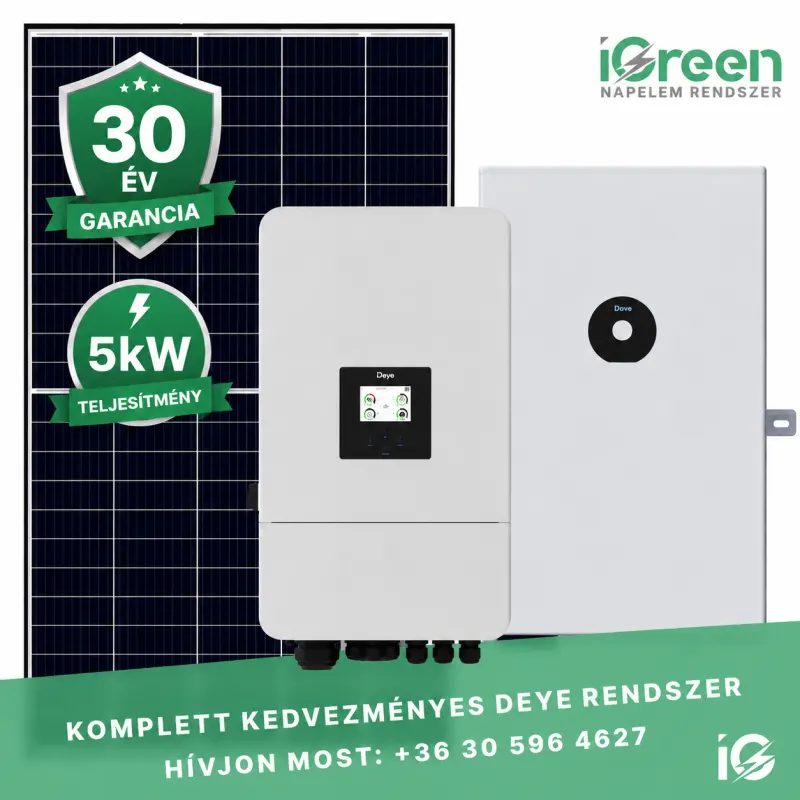 Deye 3 fázisú napelem rendszer 5kW hibrid aszimmetrikus inverterrel, 12kWh akkumulátorral
