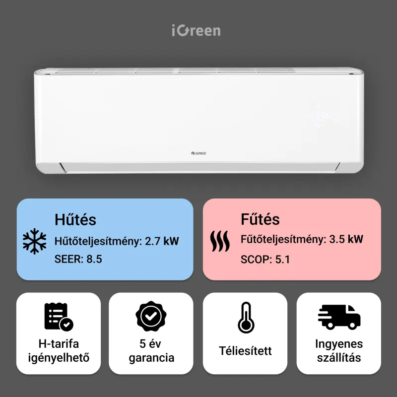 Gree Amber Royal oldalfali mono split klíma 2.7 kW