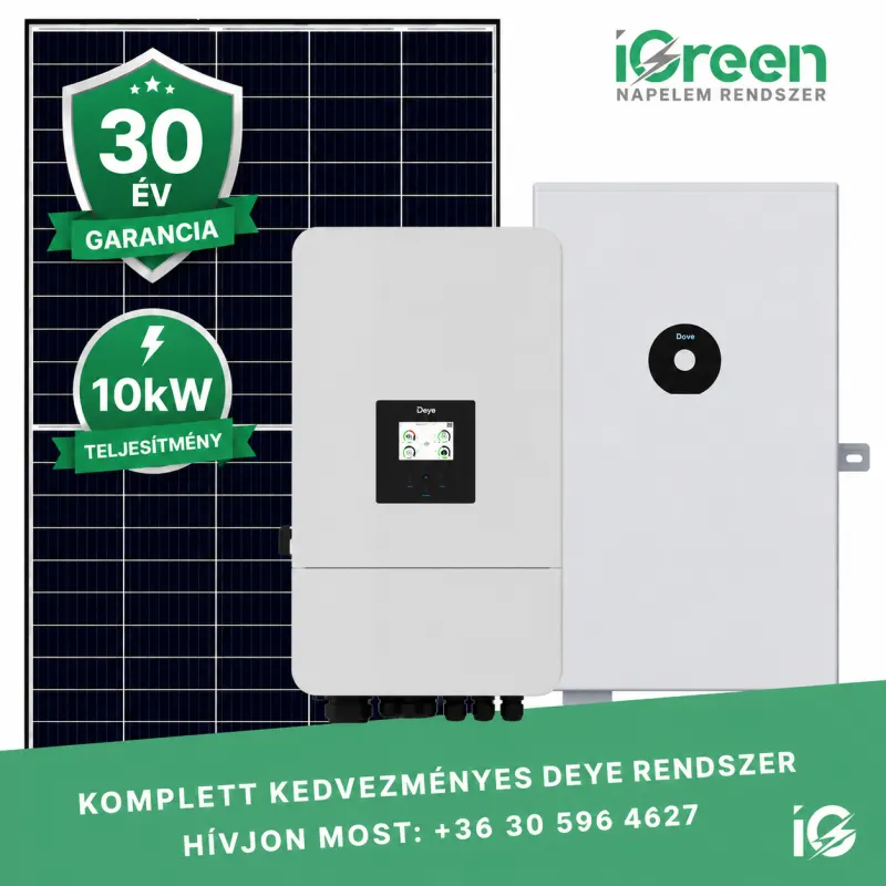 Deye 3 fázisú napelem rendszer 10kW hibrid aszimmetrikus inverterrel, 16kWh akkumulátorral