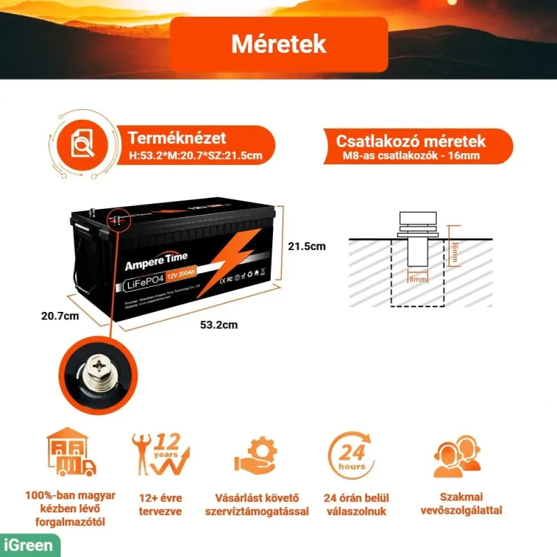 LiTime 12V200Ah – 2.56kW Lítium-vasfoszfát akkumulátor 100A BMS (LiFePO4)