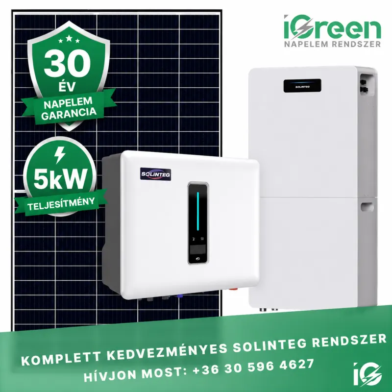 Solinteg 3 fázisú napelem rendszer 5kW hibrid aszimmetrikus inverterrel, 10kWh akkumulátorral
