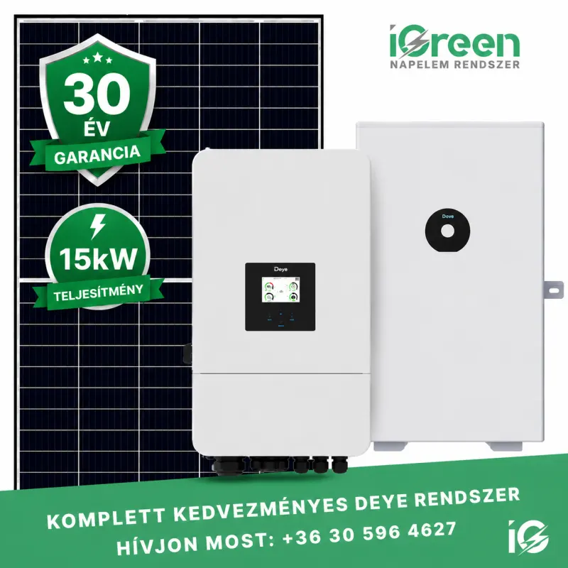 Deye 3 fázisú napelem rendszer 15kw hibrid aszimmetrikus inverterrel 16kWh akkumulátorral