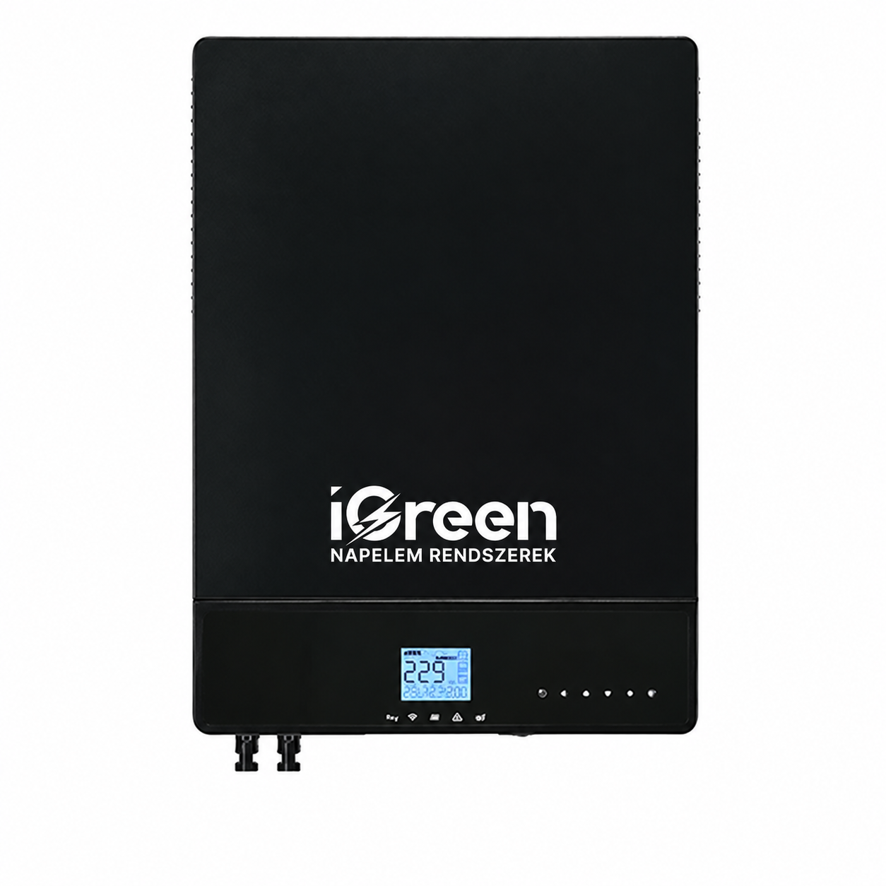 iGreen 10kW 1 fázisú kettős konverziós hibrid napelem inverter – iGreen logóval, elölnézet