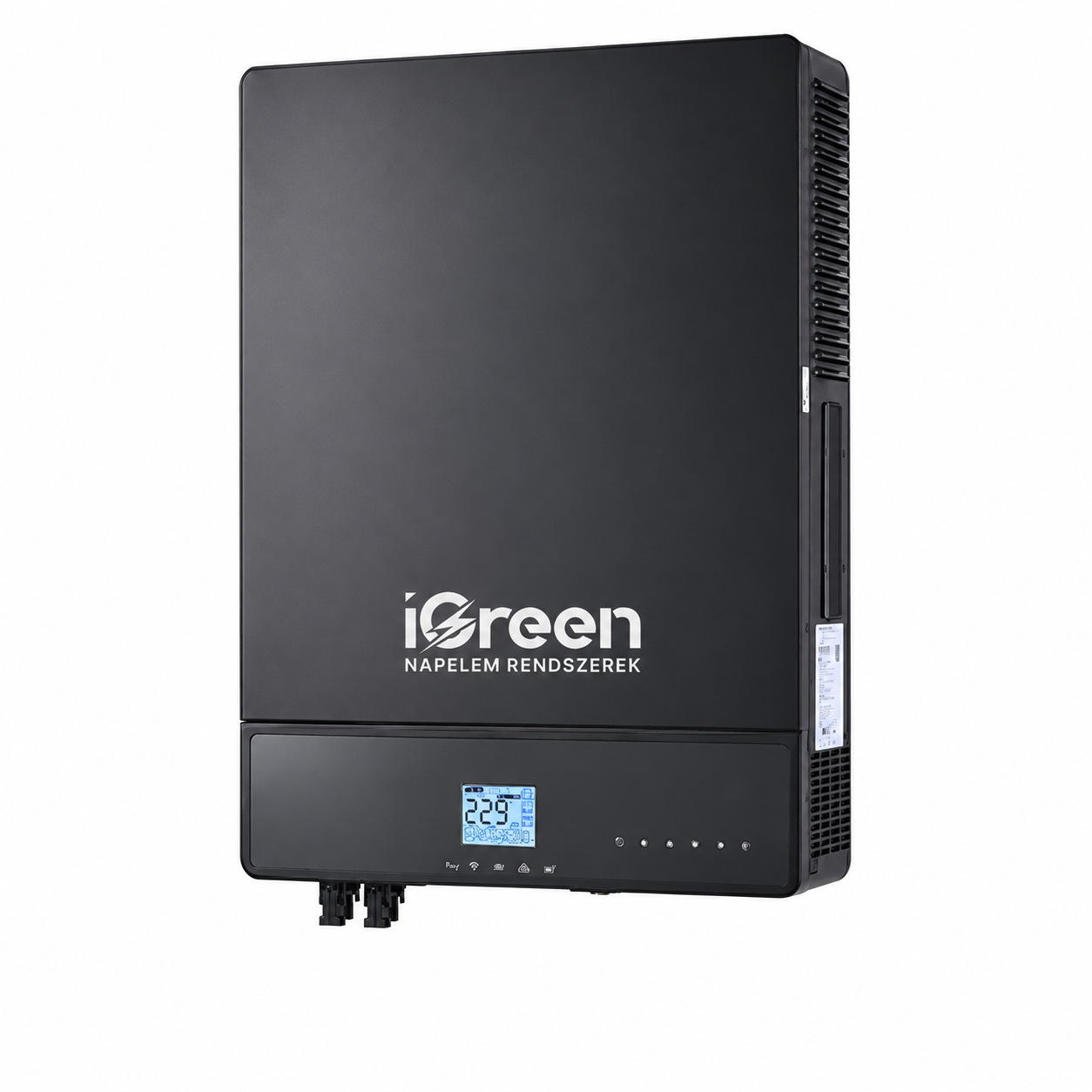 iGreen 10kW 1 fázisú kettős konverziós hibrid napelem inverter – iGreen logóval, perspektivikus nézet
